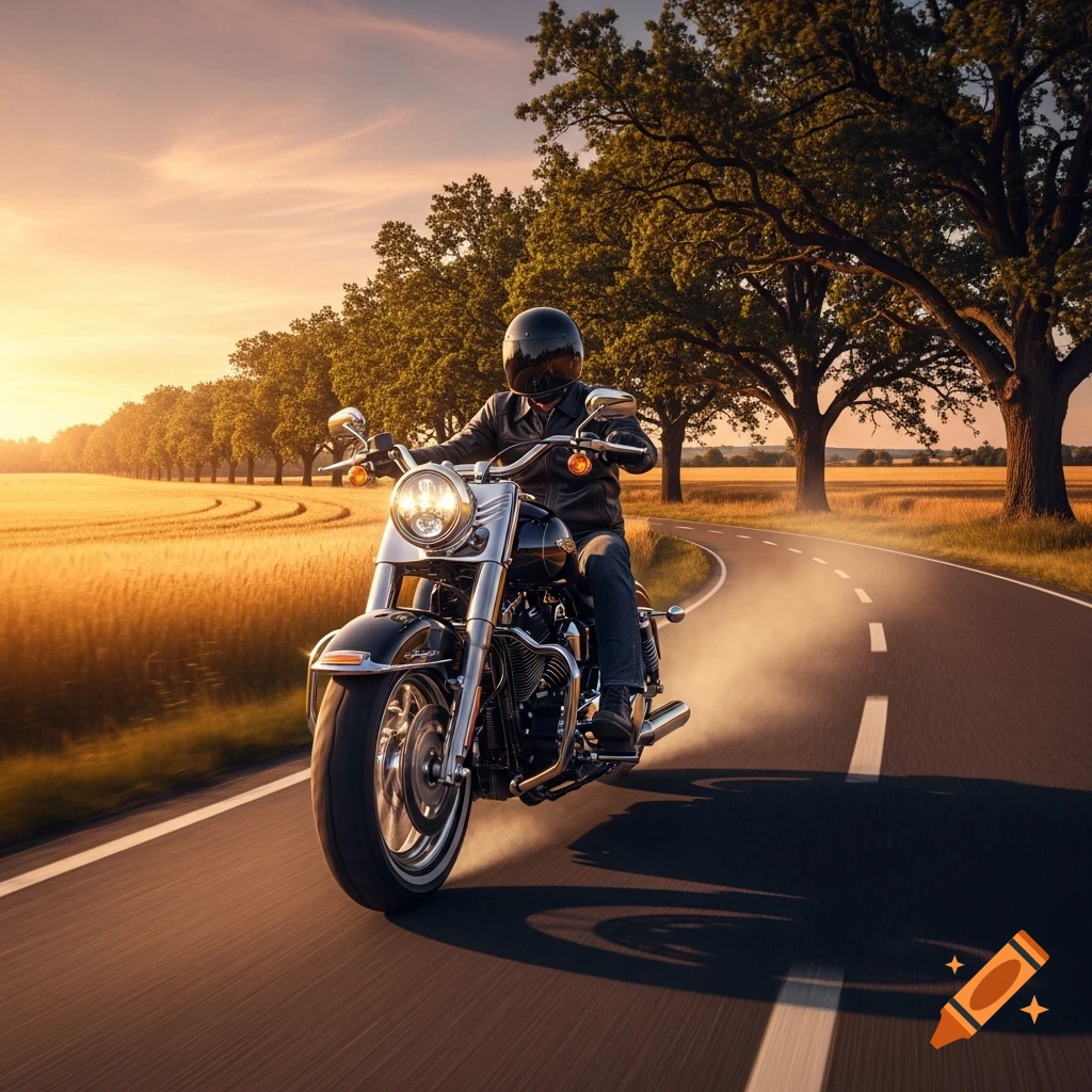 A motorcyclist in a helmet and leather jacket rides a Harley Davidson on a winding country road at sunset, with golden fields and trees.