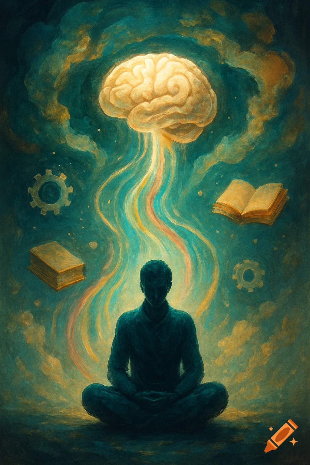 A stylized painting of a meditating figure with a glowing brain above, emanating colorful light, surrounded by books and gears.