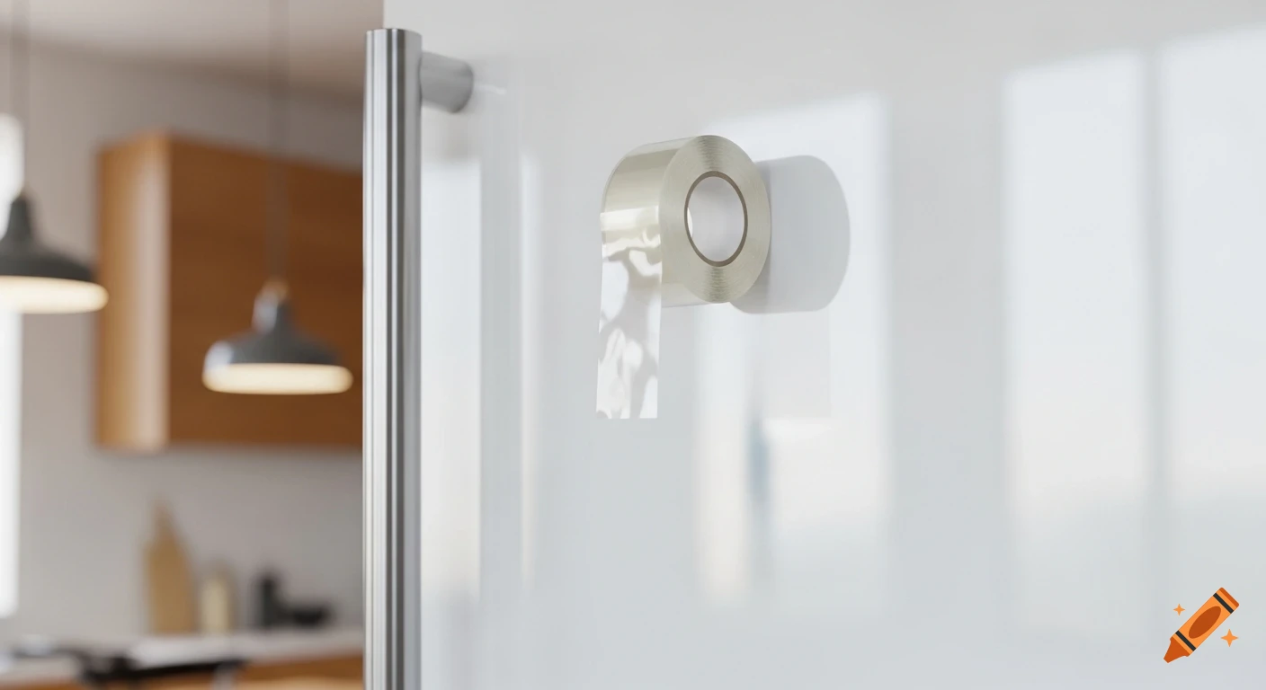 A roll of clear sticky tape is adhered to the front of a white fridge door, with a blurred modern kitchen in the background.