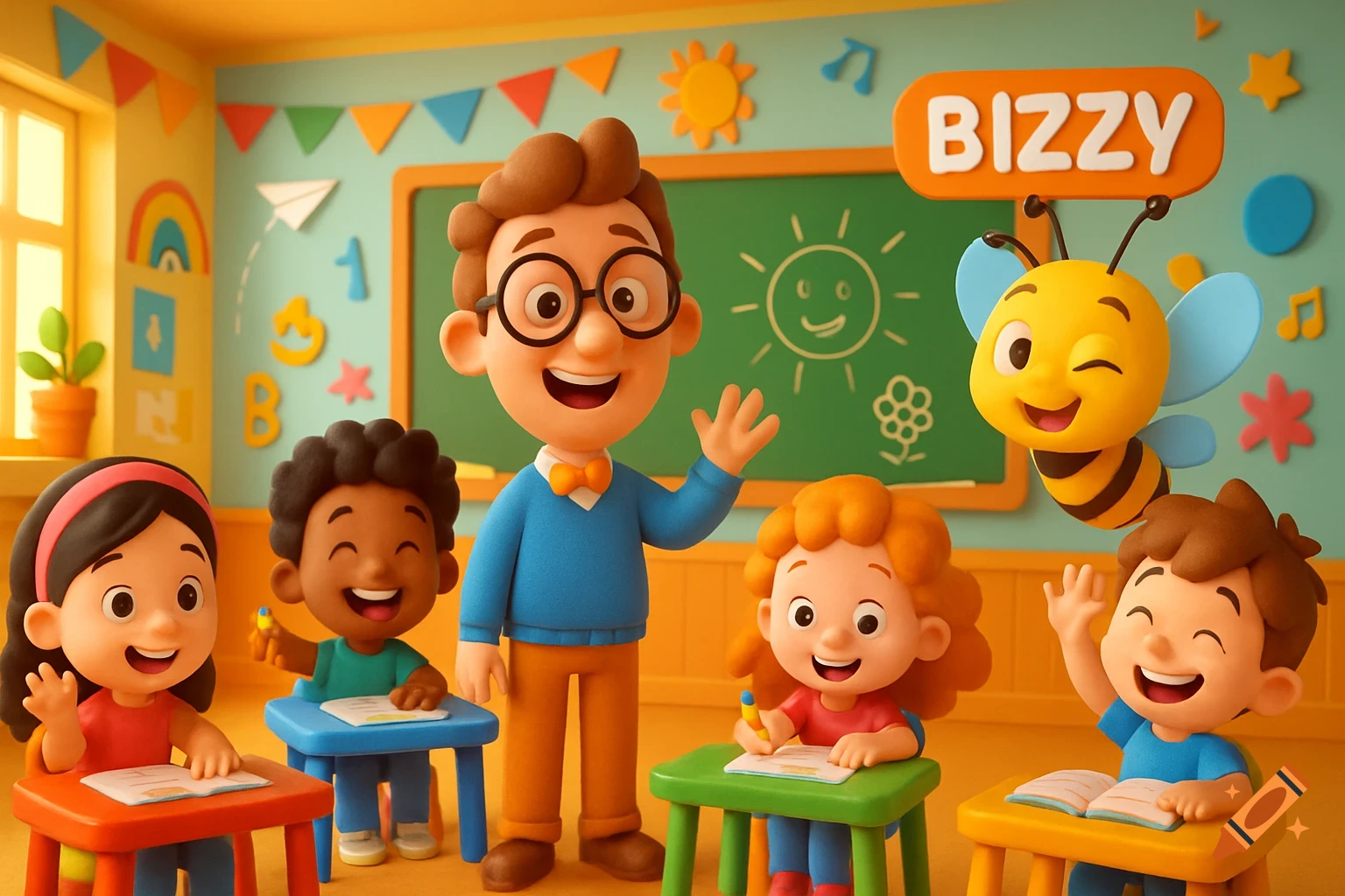 A cheerful 3D animated classroom scene with a smiling teacher, diverse children at desks, and a 'Bizzy' bee mascot.