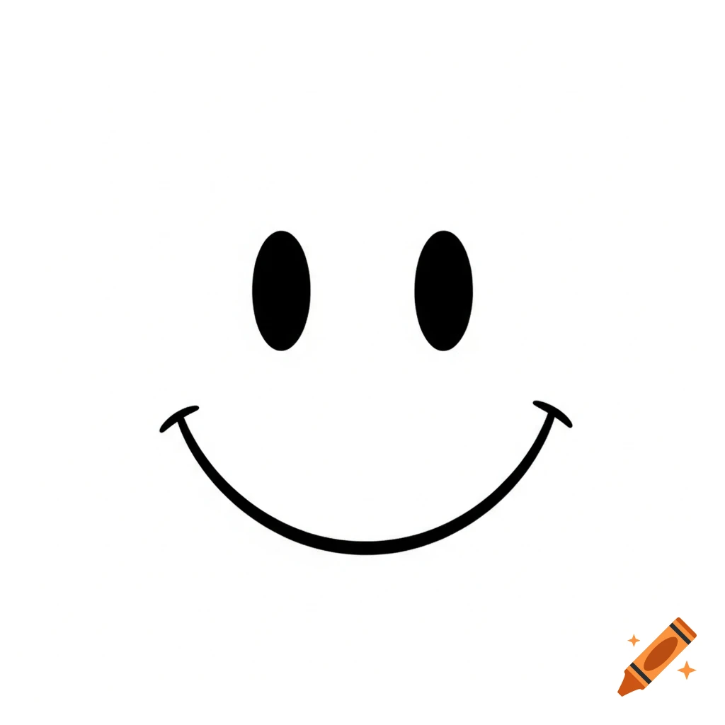 A minimalist digital illustration of a classic black and white smiley face emoji with two oval eyes and a curved smile on a white background.