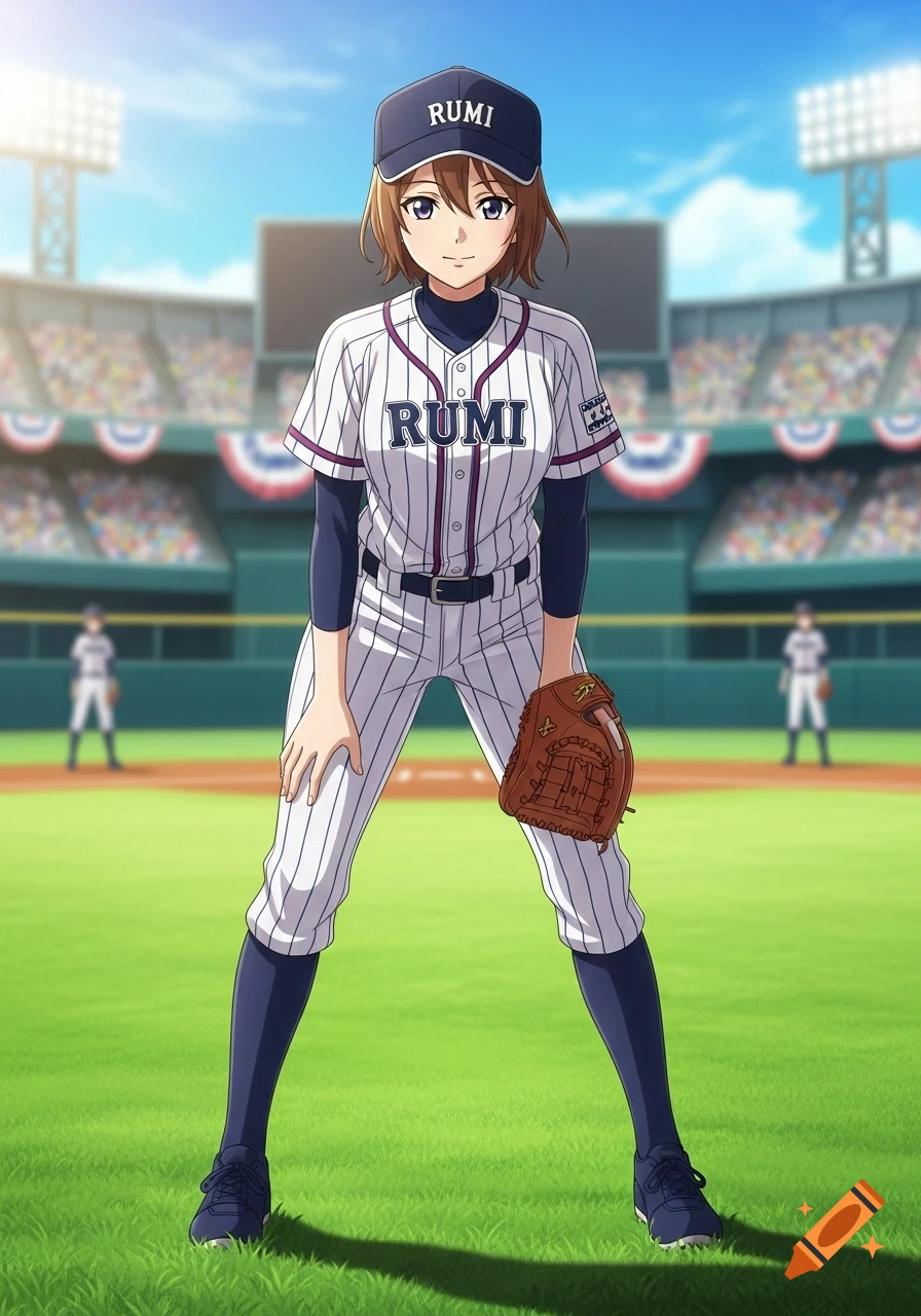 Anime girl named Rumi in a baseball uniform and cap stands on a baseball field, holding a glove.