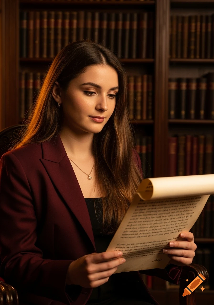 A young woman in a burgundy blazer reads an old scroll in a dimly lit library.