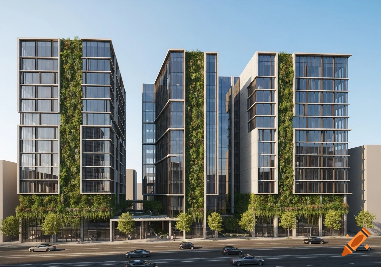 Photorealistic rendering of three modern buildings with glass facades and vertical green walls, street level.