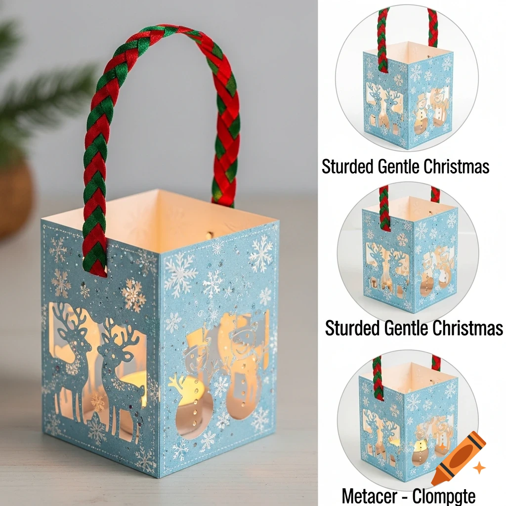 Light blue Christmas lantern with reindeer, snowman, and snowflake cutouts, glowing from inside, with a red and green braided handle.