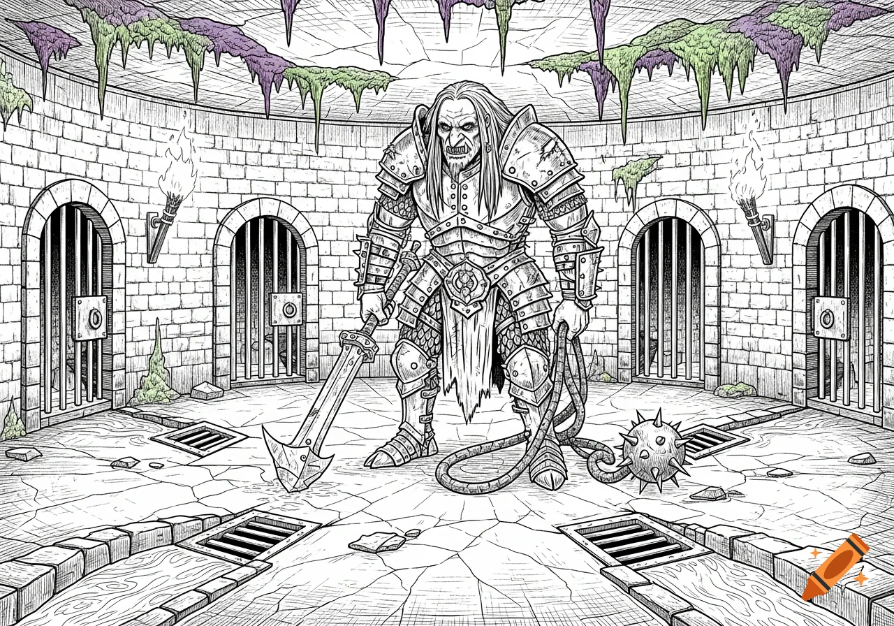 An armored, savage humanoid monster holding a sword and spiked flail stands in a black and white line-art dungeon with cells and torches.