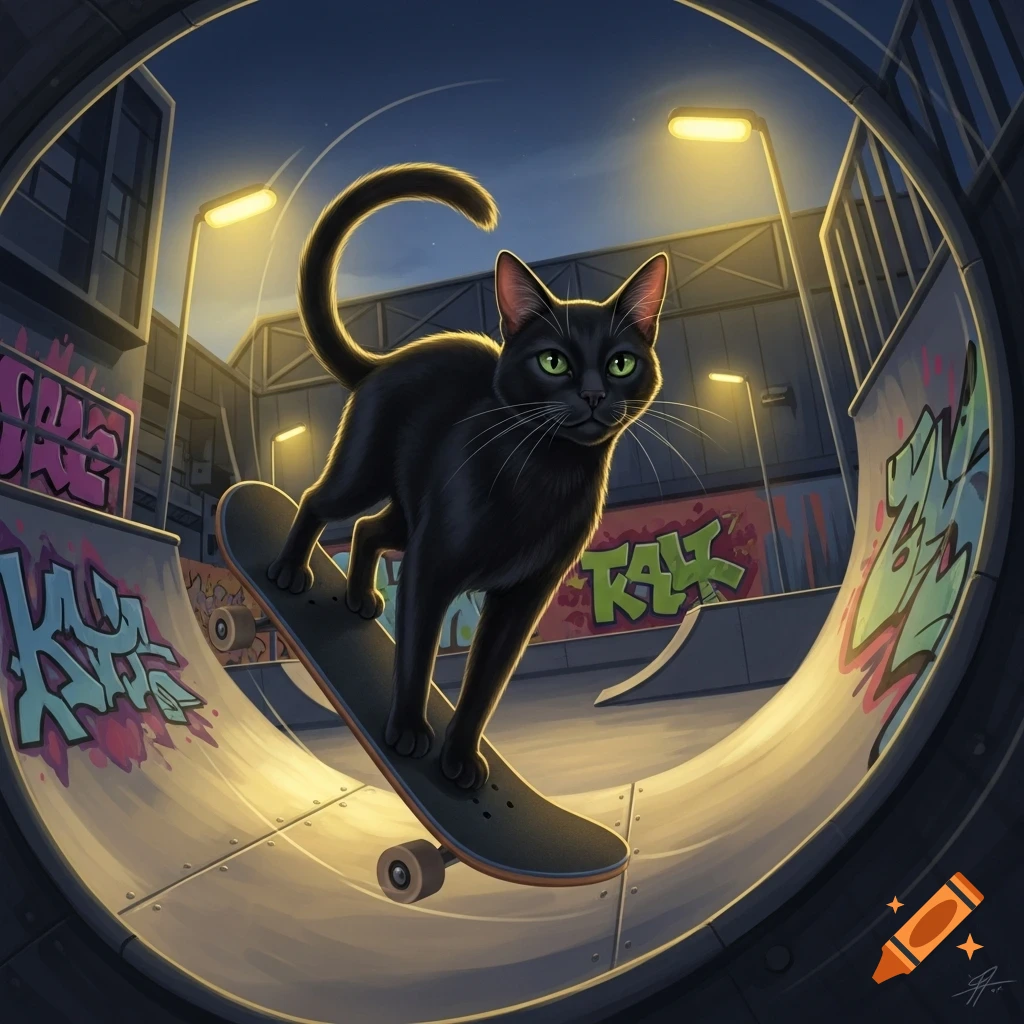 A black cat with bright green eyes rides a skateboard down a ramp in a stylized, moonlit skate park covered in colorful graffiti.