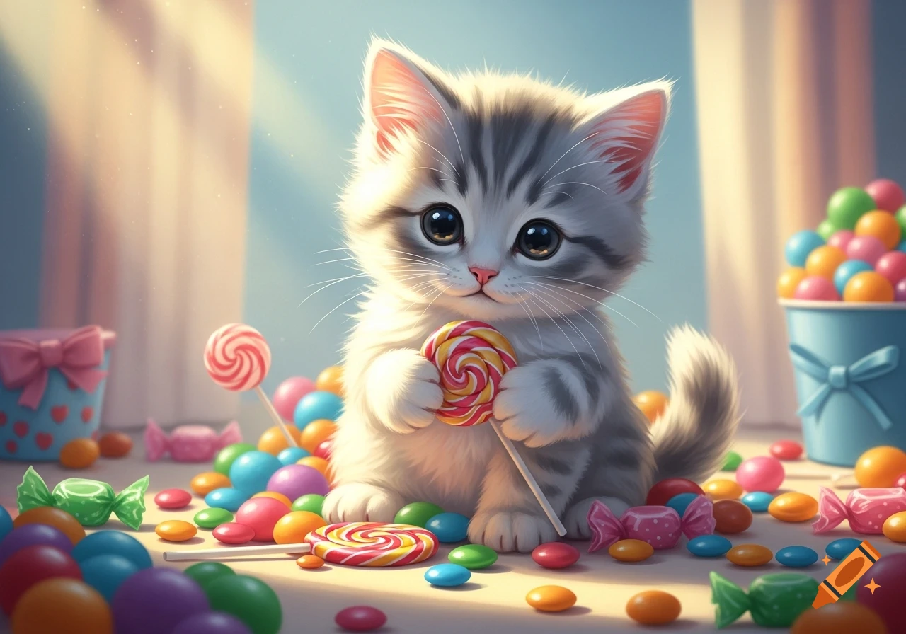A cute, fluffy grey and white tabby kitten sits surrounded by colorful candies and lollipops, holding a swirl lollipop in an illustrative style.