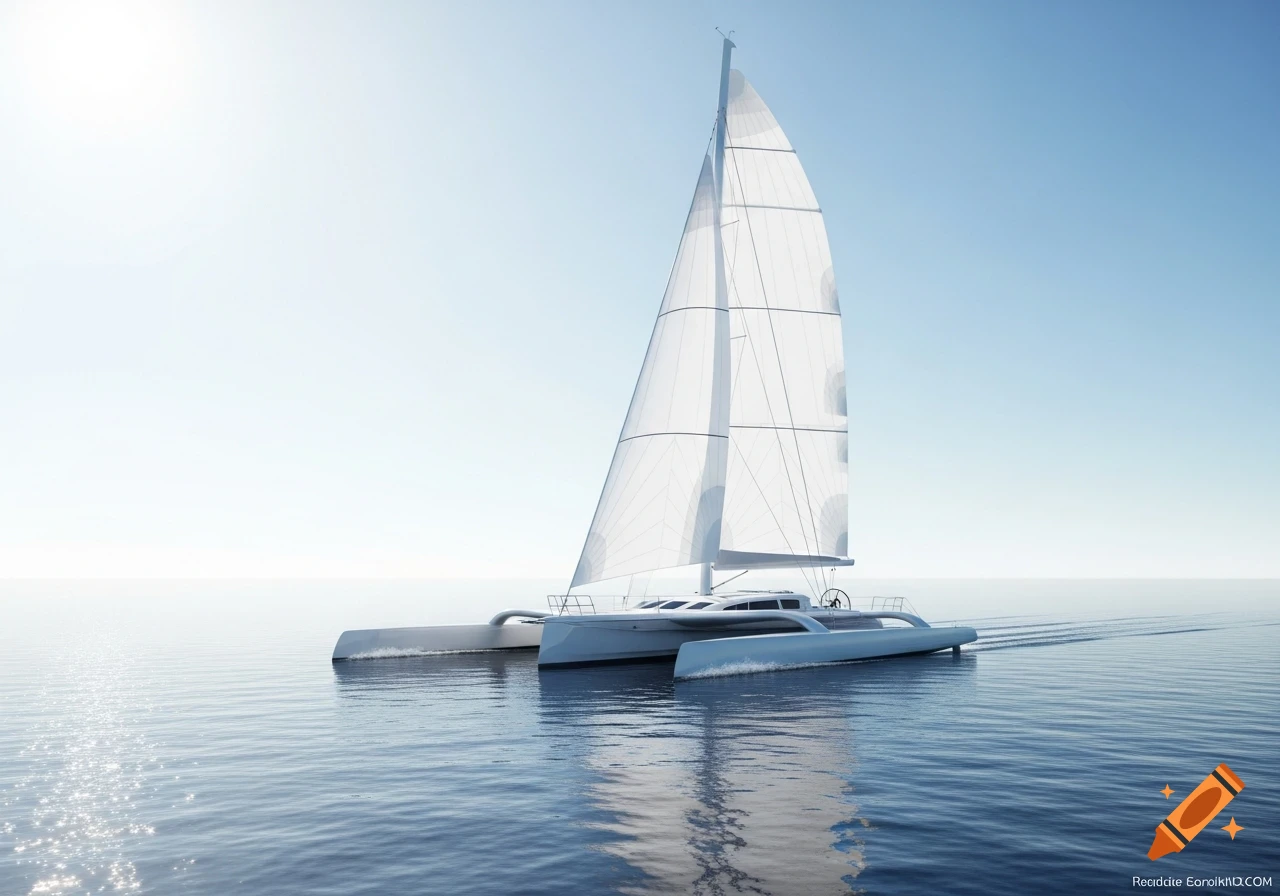A sleek white trimaran sails on calm blue water under a bright, clear sky, with subtle reflections.