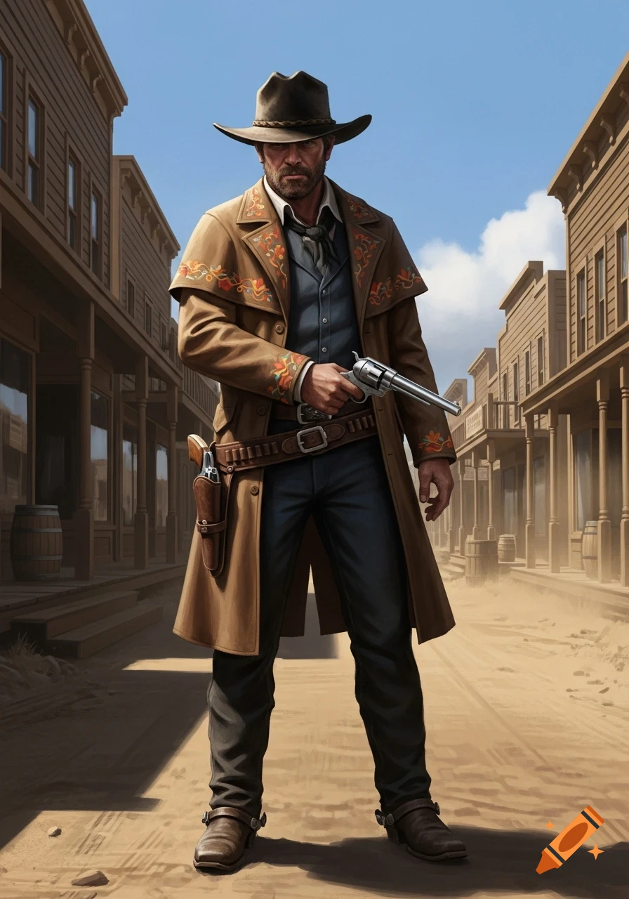 A rugged cowboy stands in a dusty Old West town street, holding a revolver.