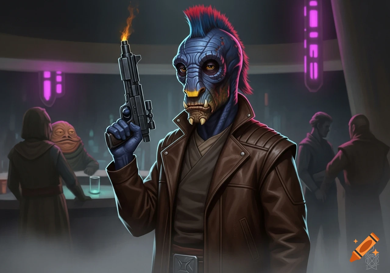 A blue-skinned Rodian alien in a brown leather jacket holds a smoking blaster gun in a dimly lit bar.