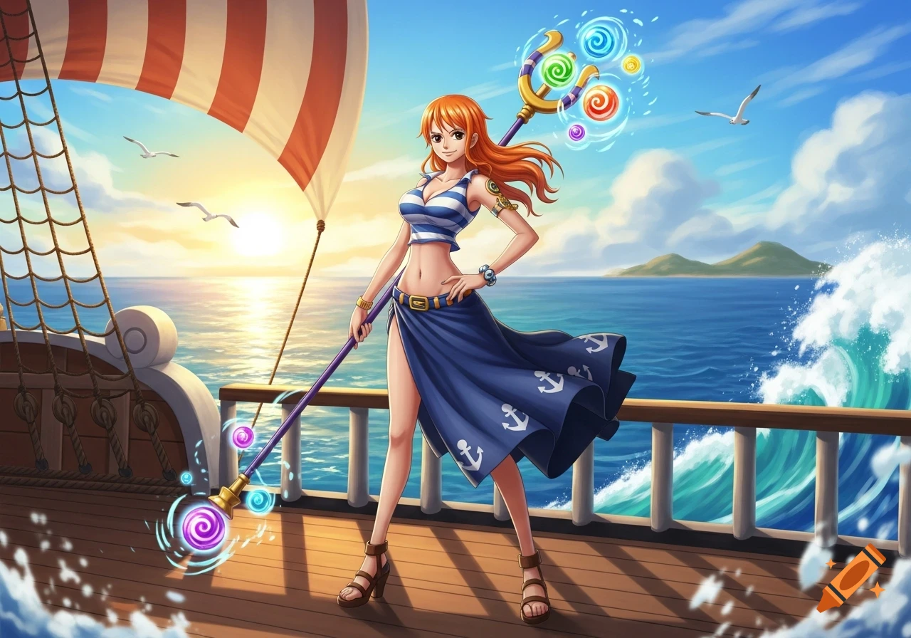 An anime character with orange hair, Nami, stands on a ship deck holding a magical staff, with a sunset ocean background.
