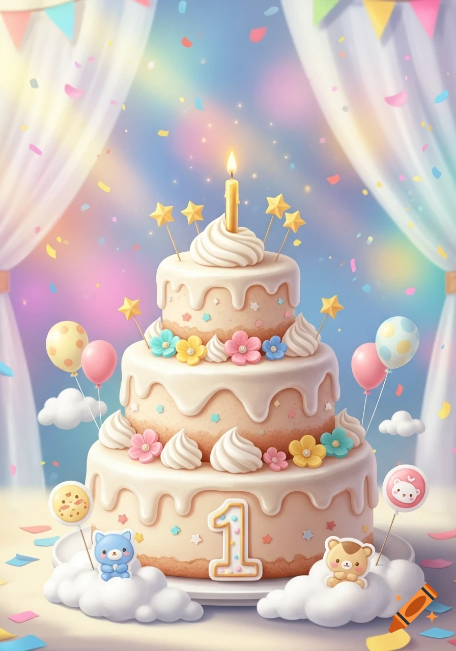 A whimsical three-tier birthday cake decorated with the number one, a single lit candle, colorful flowers, balloons, and confetti against a pastel background.