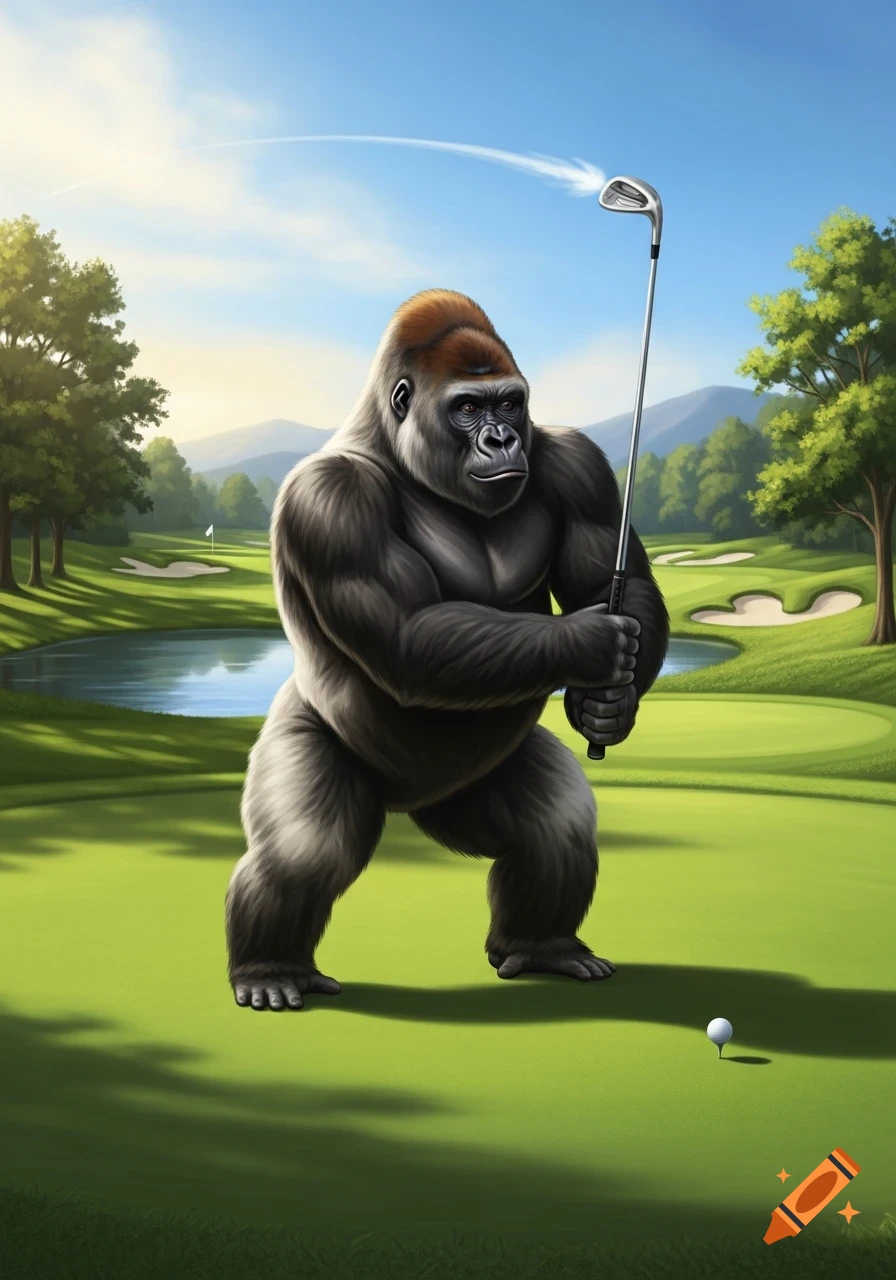 A muscular gorilla stands on a green golf course, holding a golf club over a golf ball, with trees and a pond in the background.