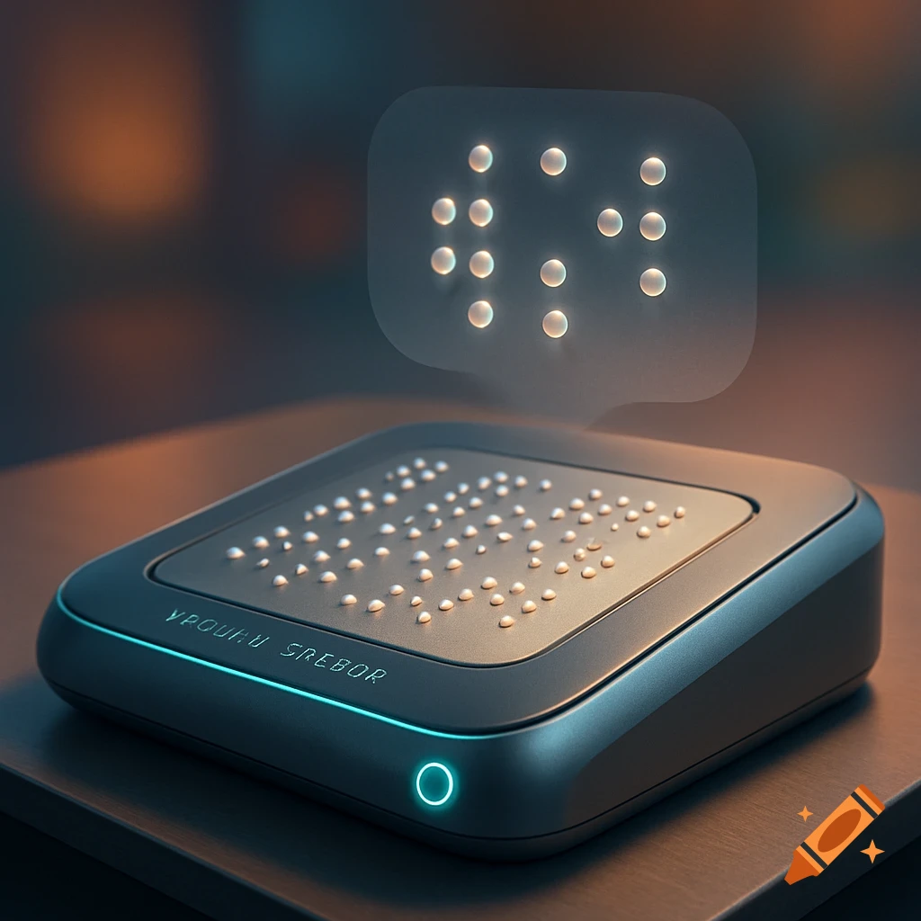 A sleek, futuristic automated Braille reader device with a holographic display showing Braille dots, sitting on a dark surface.