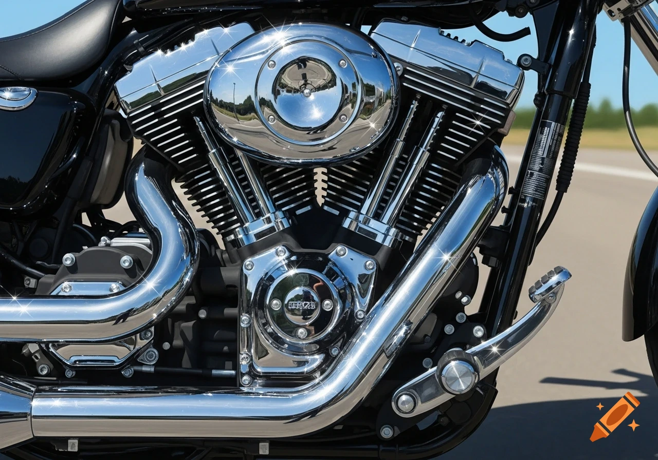 Close-up, detailed, photorealistic shot of a shiny chrome motorcycle engine with various pipes and cooling fins.