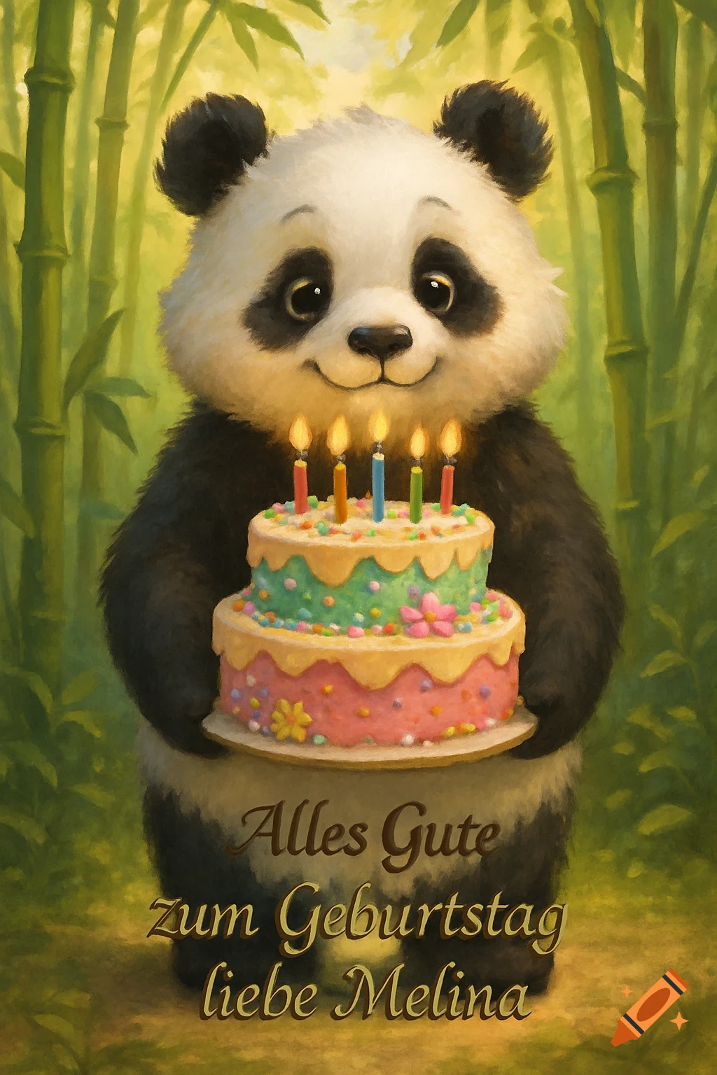 A cute cartoon panda holds a colorful two-tier birthday cake with lit candles in a bamboo forest, with German birthday wishes.