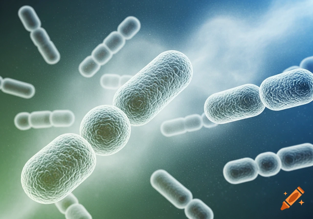 Magnified probiotic bacteria, some rod-shaped and some spherical, against a blue-green hazy background.