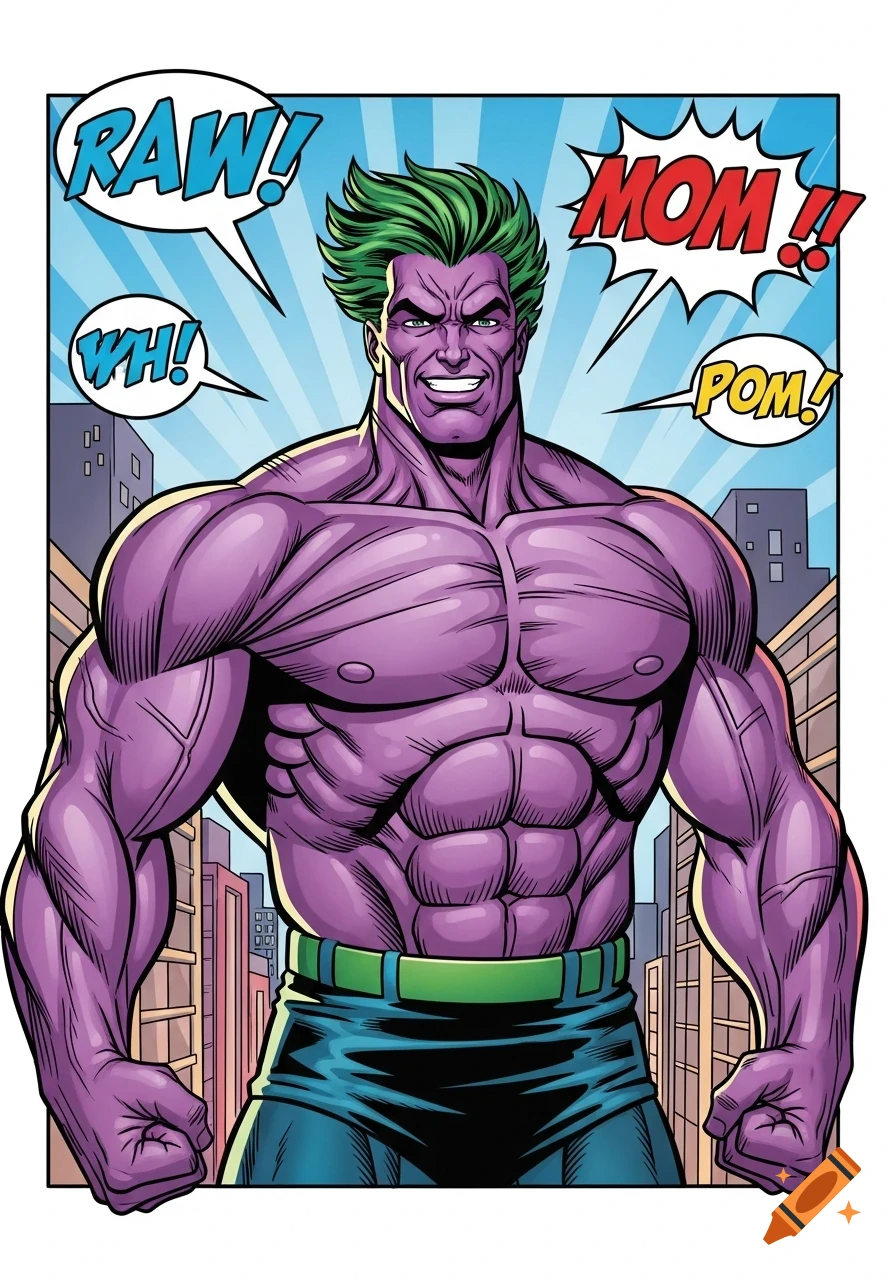 A muscular purple-skinned man with green hair, in comic art style, stands smiling with speech bubbles over a city background.
