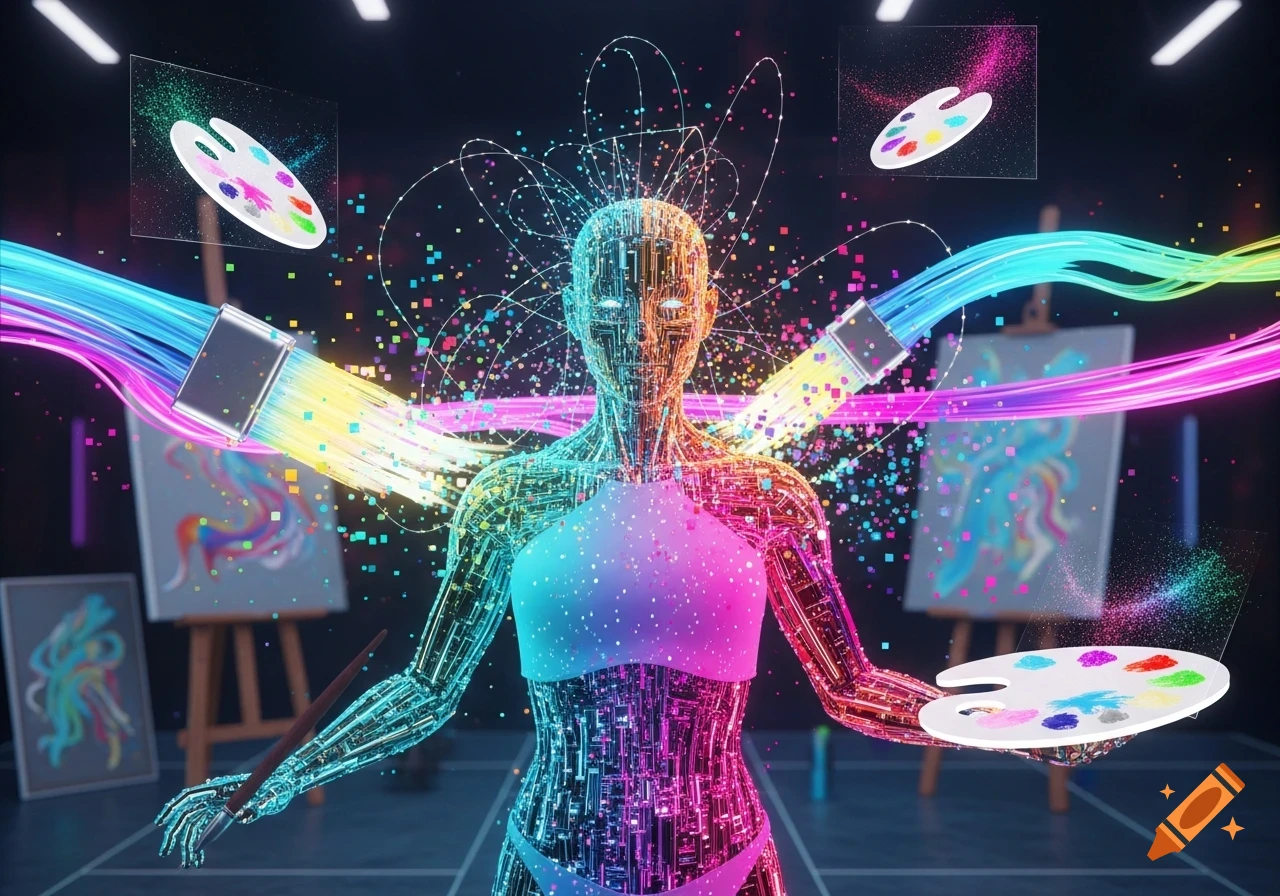 A vibrant, futuristic AI figure with glowing circuitry, holding a paint palette and brushes that stream colorful light, creating art.