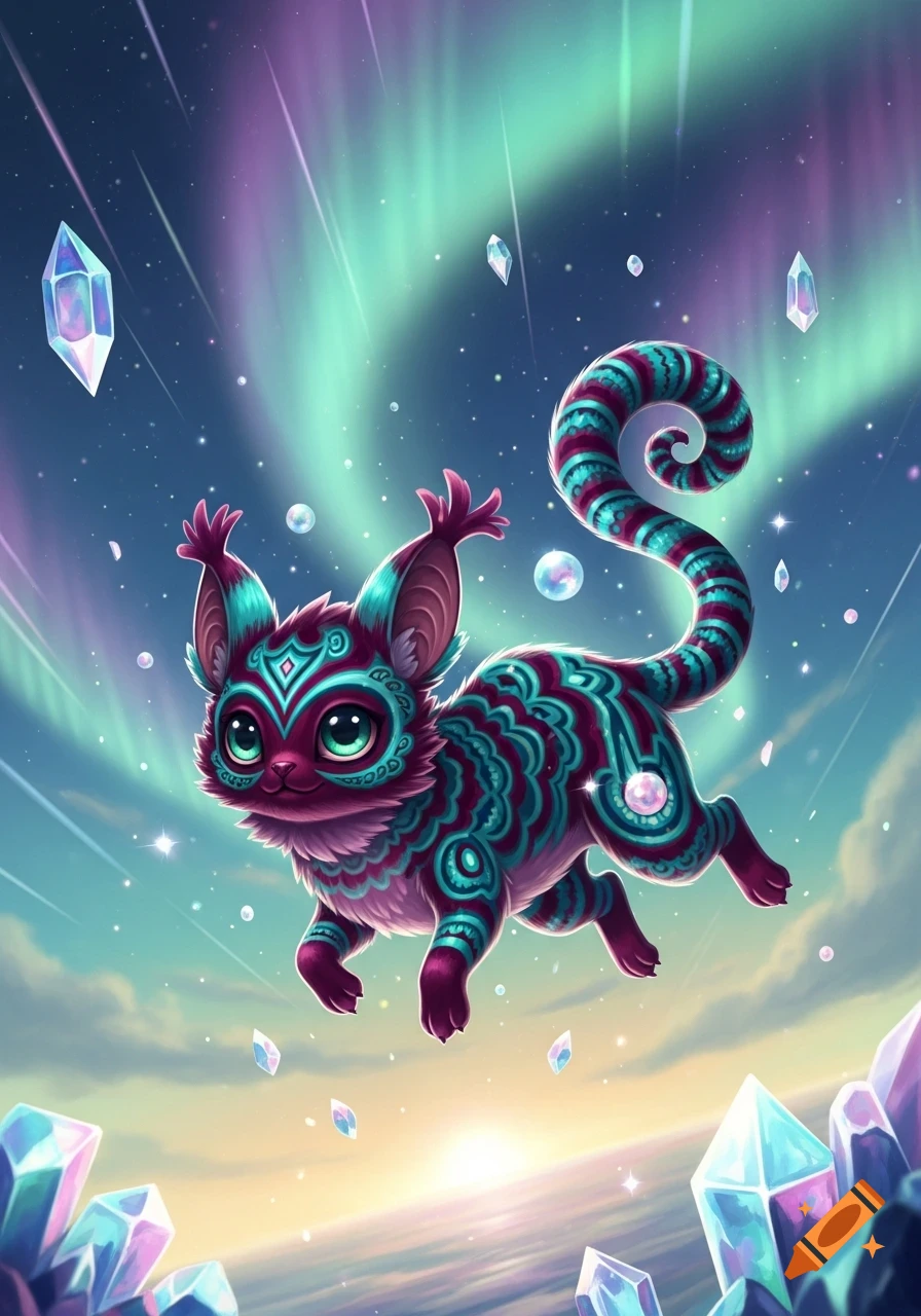 A cute, stylized creature with teal and purple patterns floats among glowing crystals and aurora lights against a cosmic sunset.