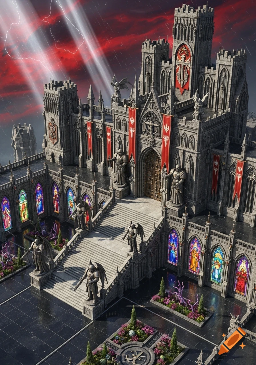 Isometric view of a grand gothic palace with red banners, stained glass windows, and statues, under a stormy red sky with lightning.