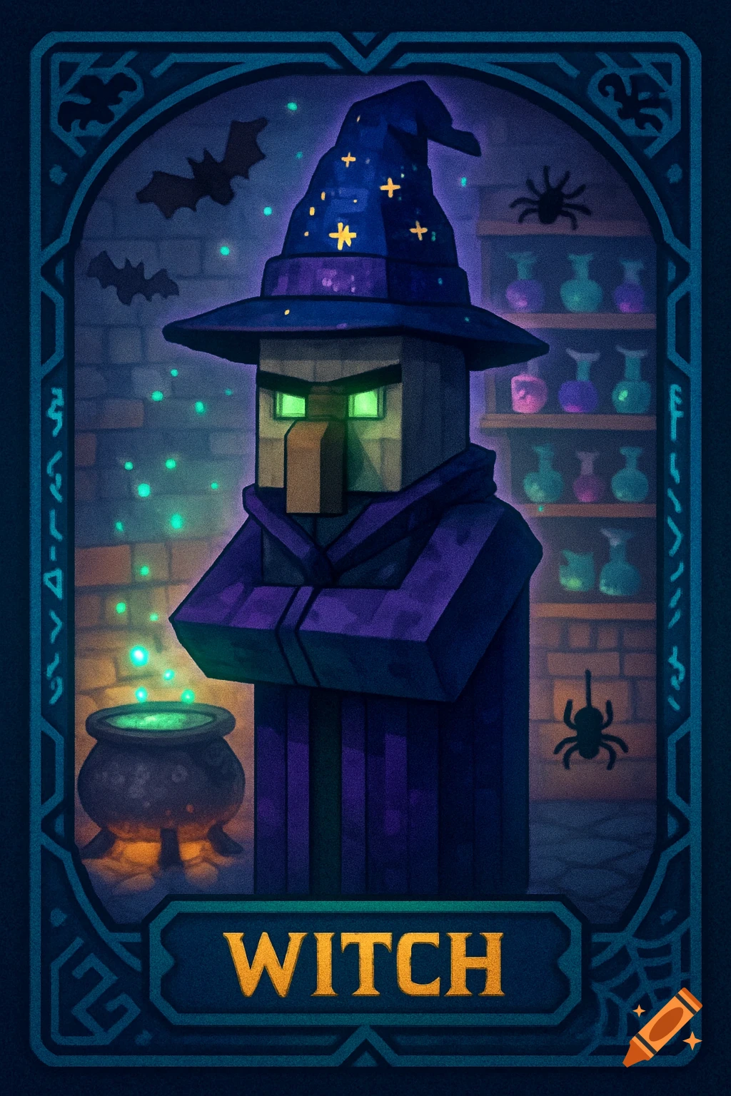 Minecraft witch trading card with a blocky character in a purple robe and hat, glowing eyes, and a cauldron.