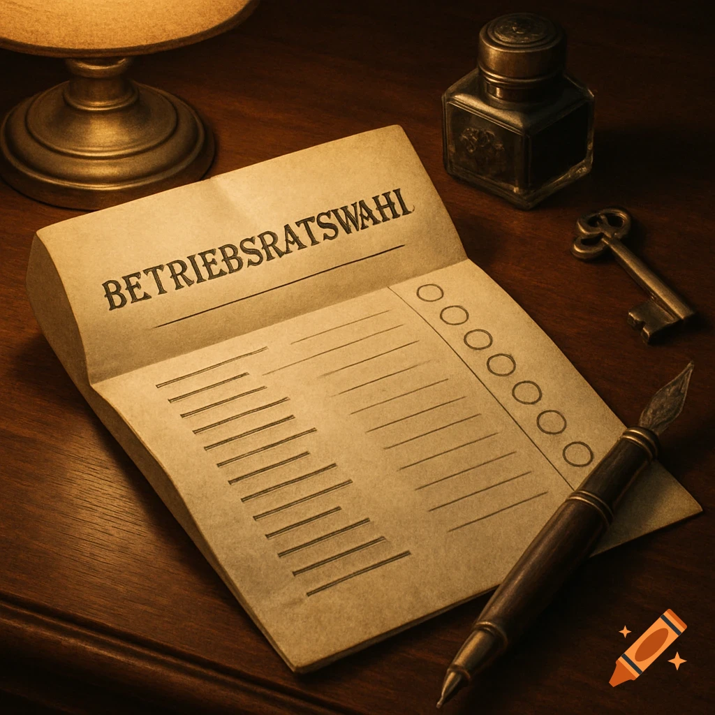 A vintage ballot paper for a works council election, a quill pen, inkwell, and old key on a wooden desk.