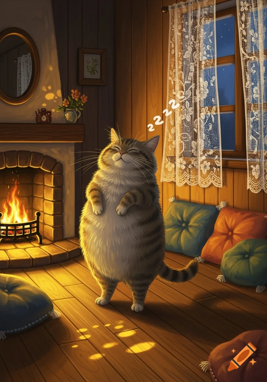 A chubby tabby cat stands sleeping by a warm fireplace in a cozy, illustrated room at night, with 'zzzz' floating above its head.