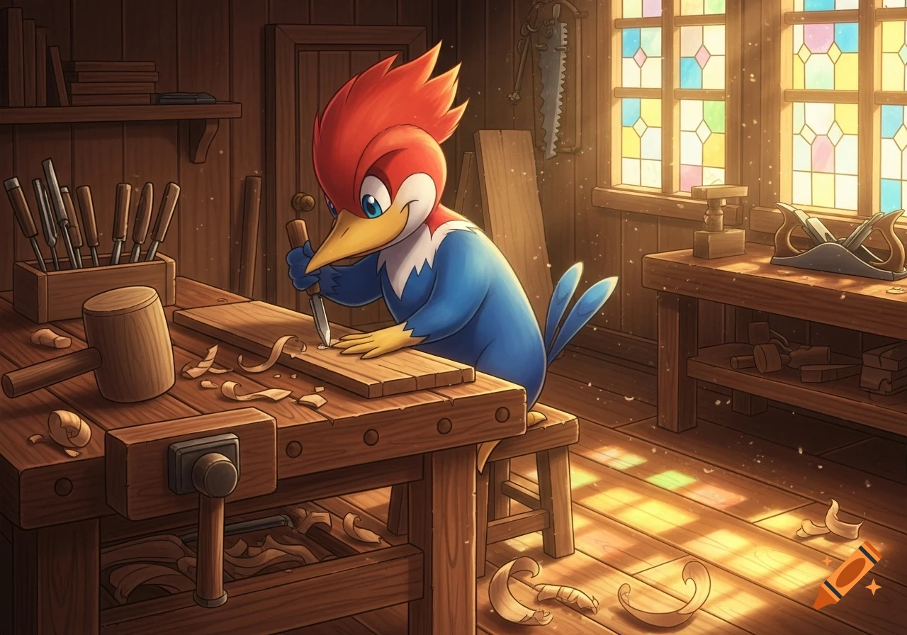 A red and blue cartoon bird carves wood with a chisel on a workbench in a sunny woodworking shop, surrounded by tools and shavings.