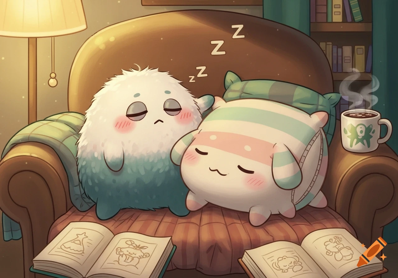 Two fluffy cartoon creatures, one white and blue, one striped, sleeping on a cozy armchair with books and a steaming mug.