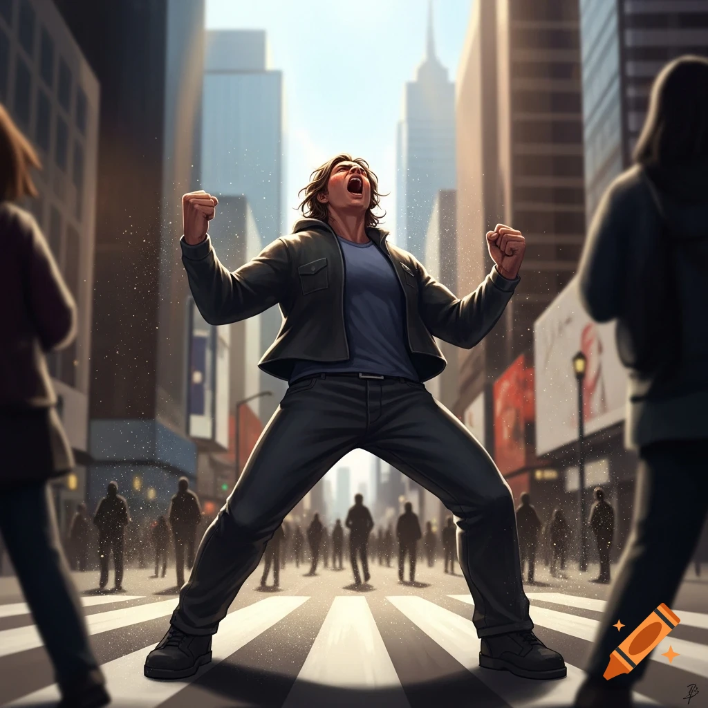 A man yells with clenched fists in the middle of a busy city street, surrounded by blurred people and tall buildings.