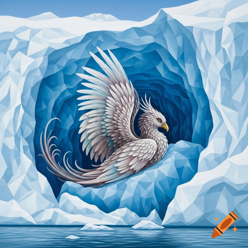 A majestic white mythical bird with large wings rests in a blue geometric ice cave, with open water below.