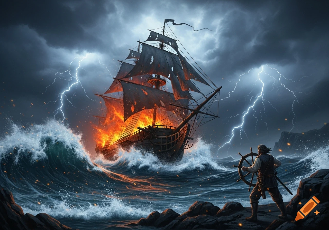 A burning ship in a stormy sea with lightning, watched by a man from a rocky shore.