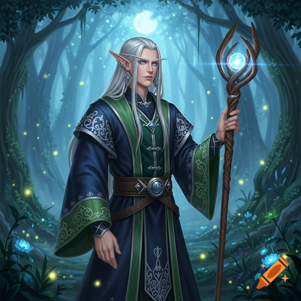 A male fantasy elf with long white hair and pointed ears, wearing blue and green robes, holding a glowing staff in a magical forest at night.