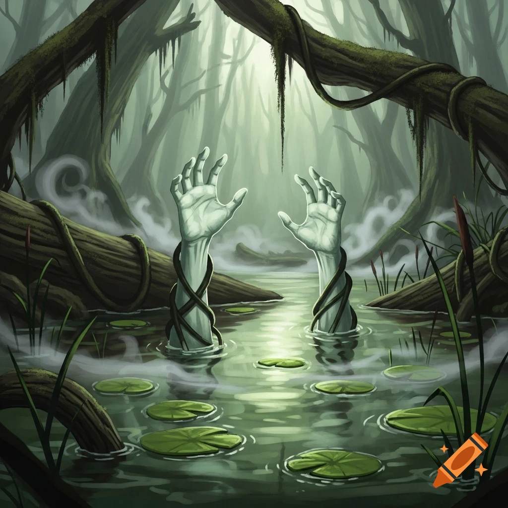 Two eerie pale hands with dark vines reach out of murky swamp water with lily pads, surrounded by dark trees in an illustrative style.