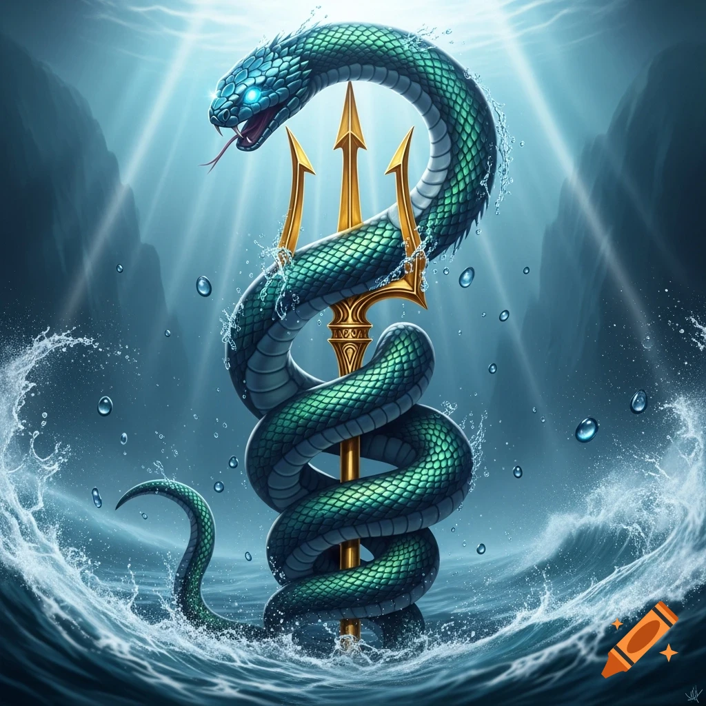 A large green and blue serpent with glowing eyes wrapped around a golden trident, emerging from stormy ocean waves.
