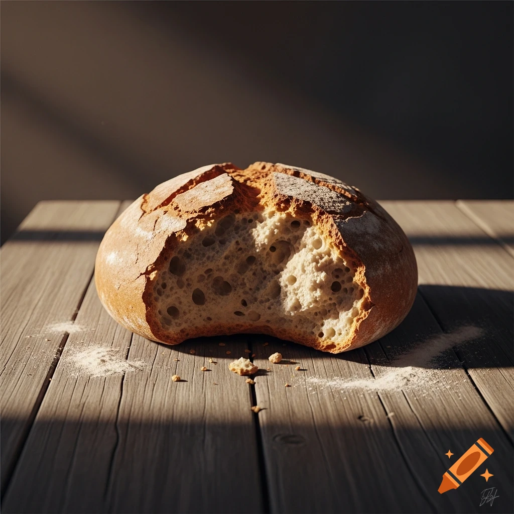 A rustic, partially eaten loaf of crusty bread on a sunlit wooden table with flour dustings.