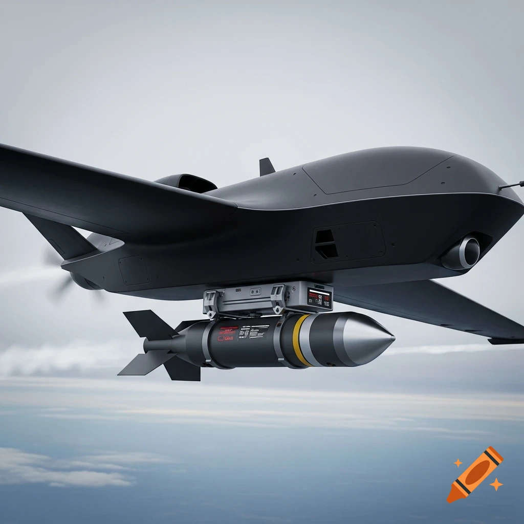 Photorealistic dark gray military drone carrying a large bomb flies against a cloudy sky.