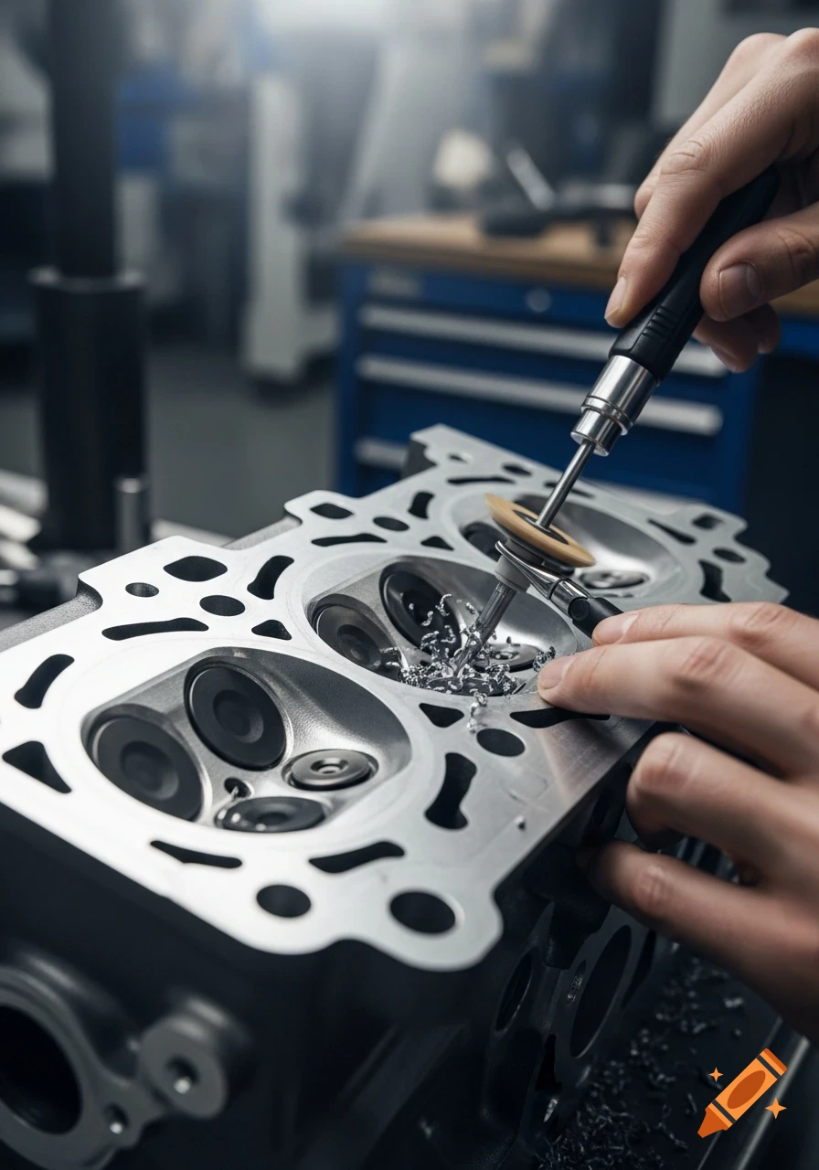 Close-up of hands polishing a car engine cylinder head with precision tools, metal shavings visible, in a photorealistic workshop.