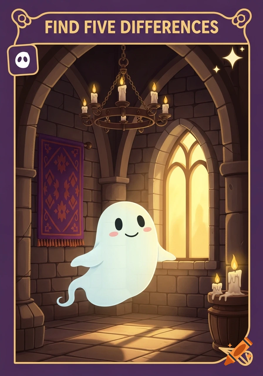 A cute, smiling cartoon ghost floats in a stone castle room with a window, tapestry, and candles, titled "FIND FIVE DIFFERENCES".
