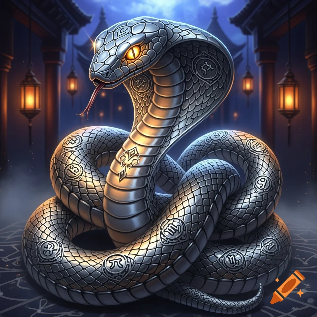 A majestic metallic silver cobra with glowing golden eyes and patterned scales coils in a dim temple courtyard with lanterns.