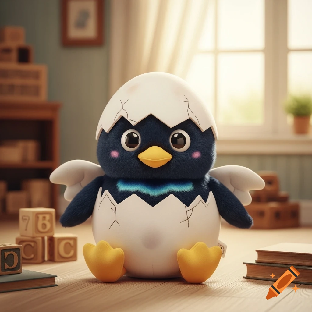 A cute dark blue fluffy chick plush toy with big eyes and an orange beak, emerging from a cracked white eggshell, sitting in a child's room on a wooden floor.