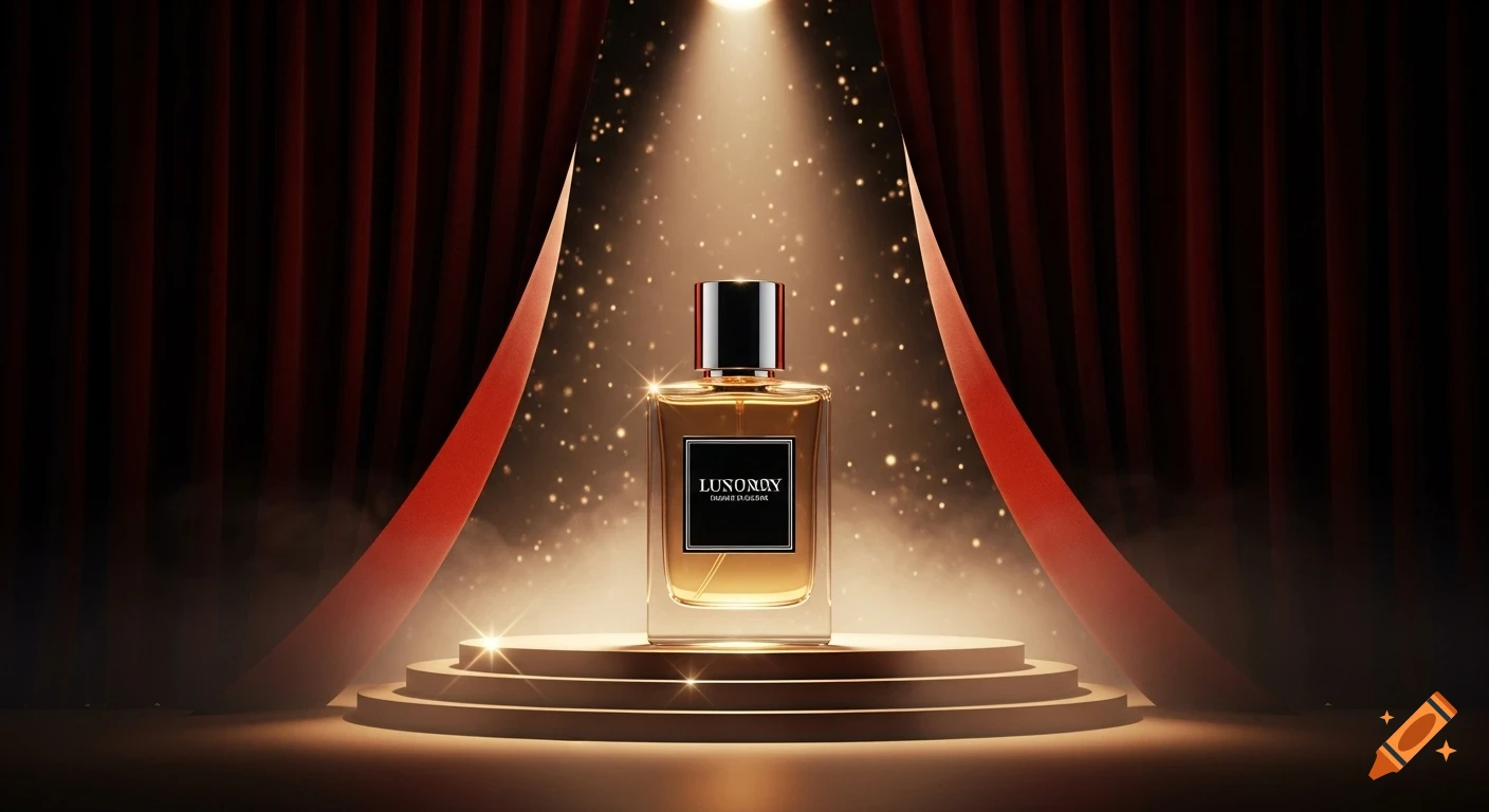 Luxurious perfume bottle on a tiered stage with red velvet curtains, illuminated by a golden spotlight and sparkles.