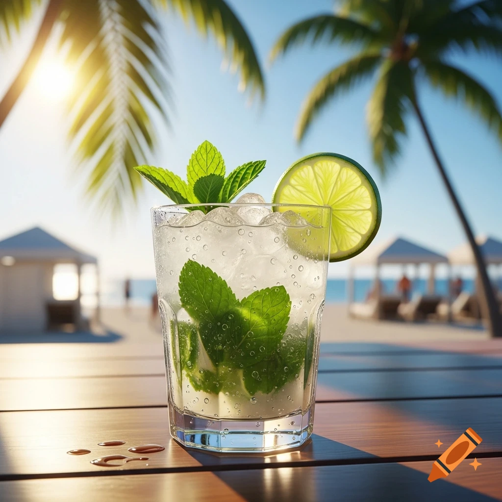 A refreshing mojito cocktail with mint, ice, and lime on a wooden table at a sunny beach with palm trees.