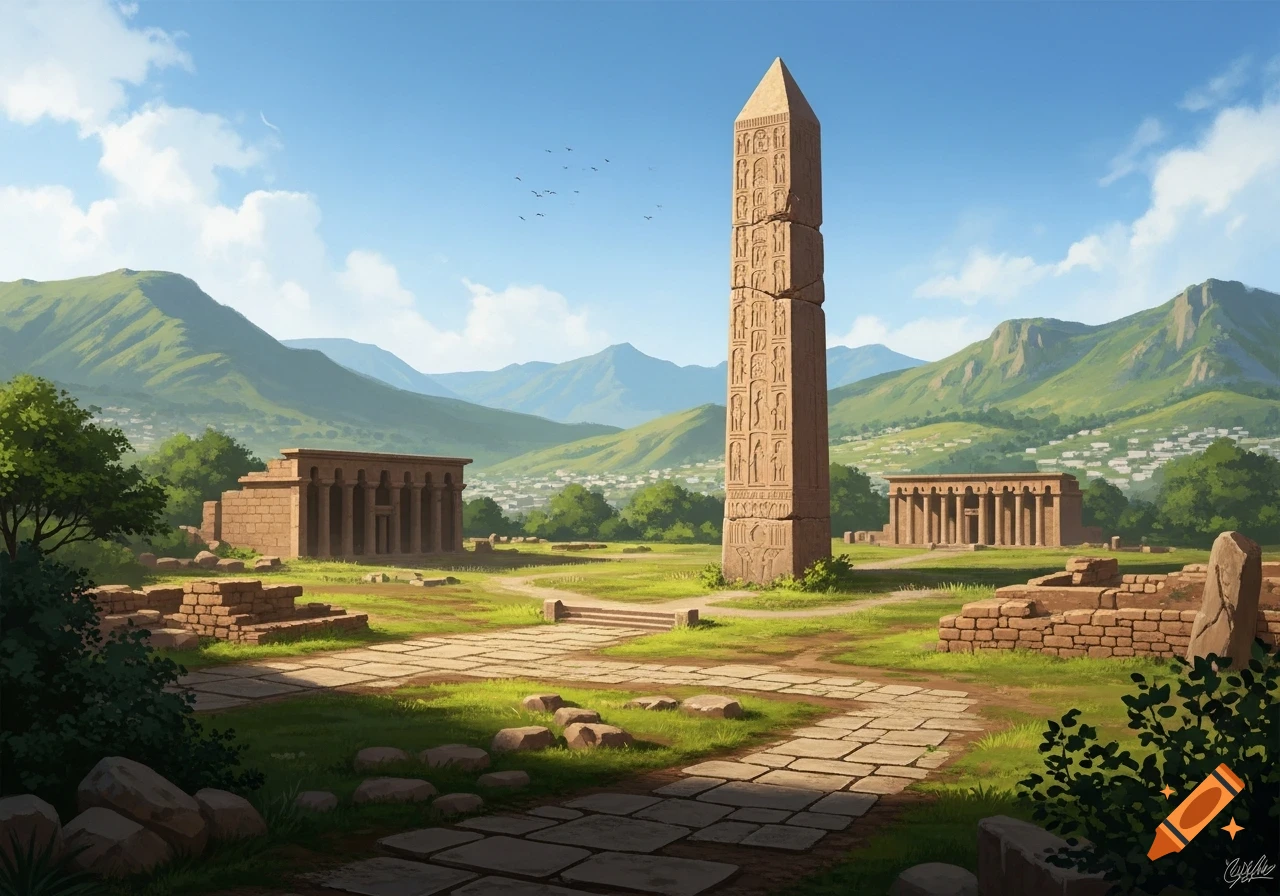 An ancient obelisk covered in carved symbols stands in a grassy field, flanked by two crumbling temples, with green mountains and a distant town under a blue sky.