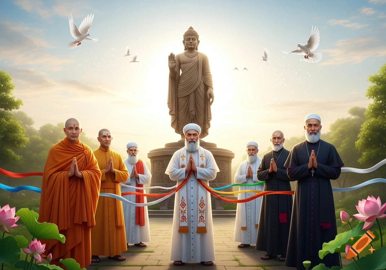 Religious leaders, including monks and priests, stand praying before a large Buddha statue amidst lotus flowers and doves, under a serene sky.