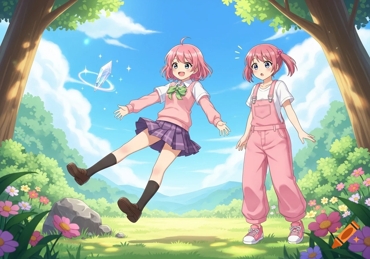 Two anime girls in a vibrant forest clearing. One in a school uniform appears to trip near a glowing crystal, while the other in pink overalls looks surprised.