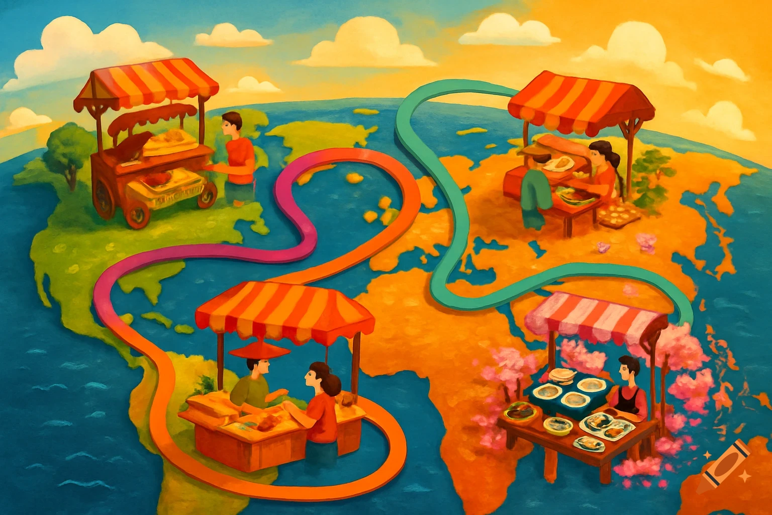 Illustrated world map with colorful paths connecting various street food stalls, each featuring vendors and diverse dishes.