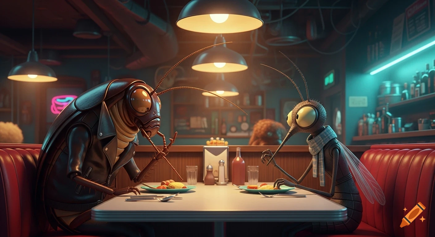 An animated anthropomorphic cockroach in a leather jacket and a mosquito in a scarf eating dinner at a retro diner.